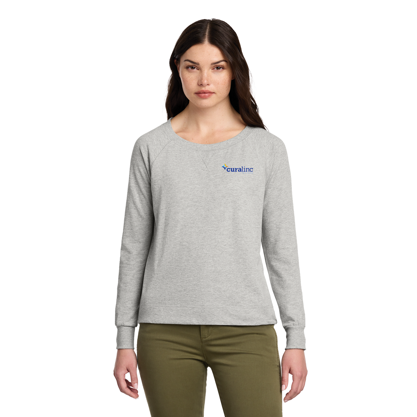 Ladies District French Terry Long Sleeve Crew - Light Heather Grey