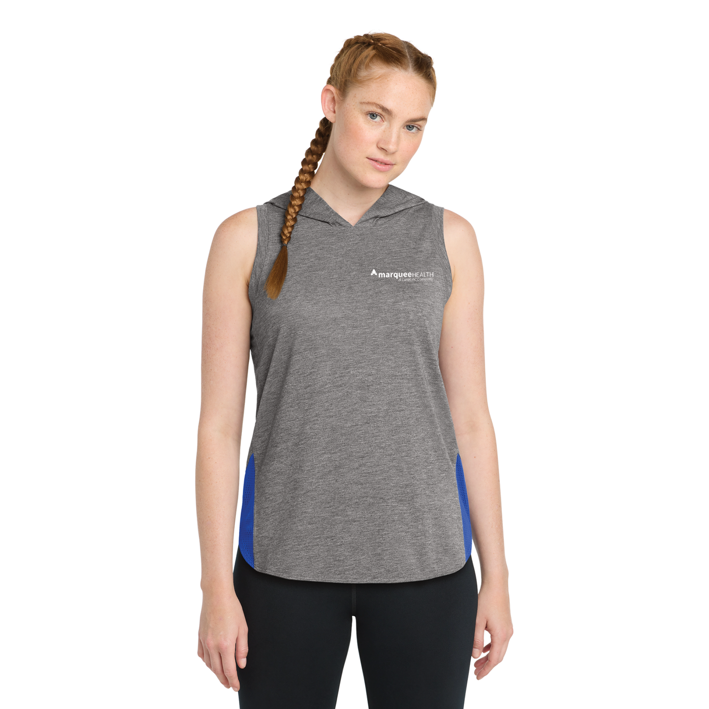 Sport-Tek® Ladies PosiCharge® Tri-Blend Wicking Draft Hoodie Tank - True Royal/ Dark Grey Heather
